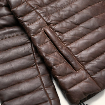 Authentic Buffalo Jackson Bridger Leather Down Jacket detail showing YKK zippered pockets and antique brass hardware
