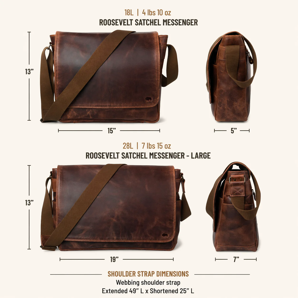 Roosevelt Buffalo Leather Satchel Messenger Bag - Large | Dark Oak